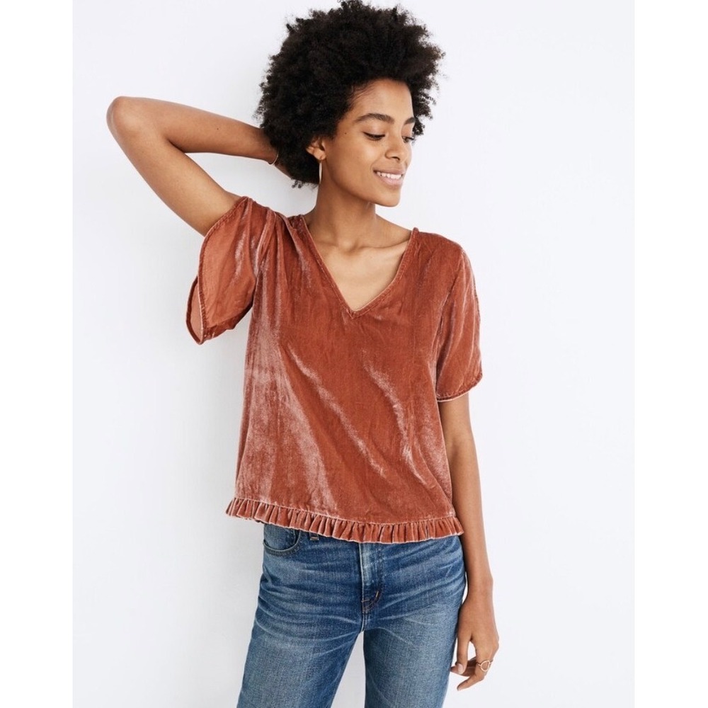 Madewell Tulip Sleeve Velvet Ruffle Hem V Neck Split Top Terracotta Size S